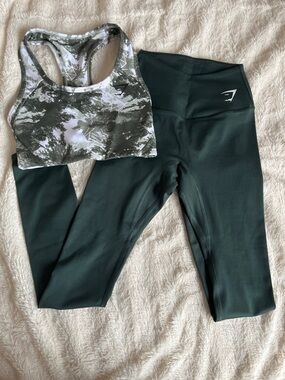 Gymshark Forest Green Leggings with Green & White Camo Sports Bra